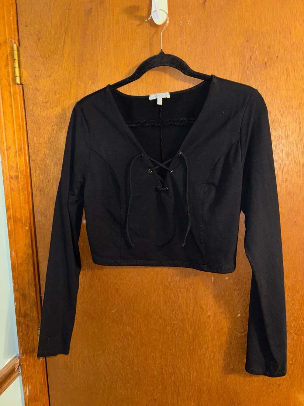 Charlotte Russe Black Long Sleeve Lace-Up Front Cropped Top with Criss-Cross Bac